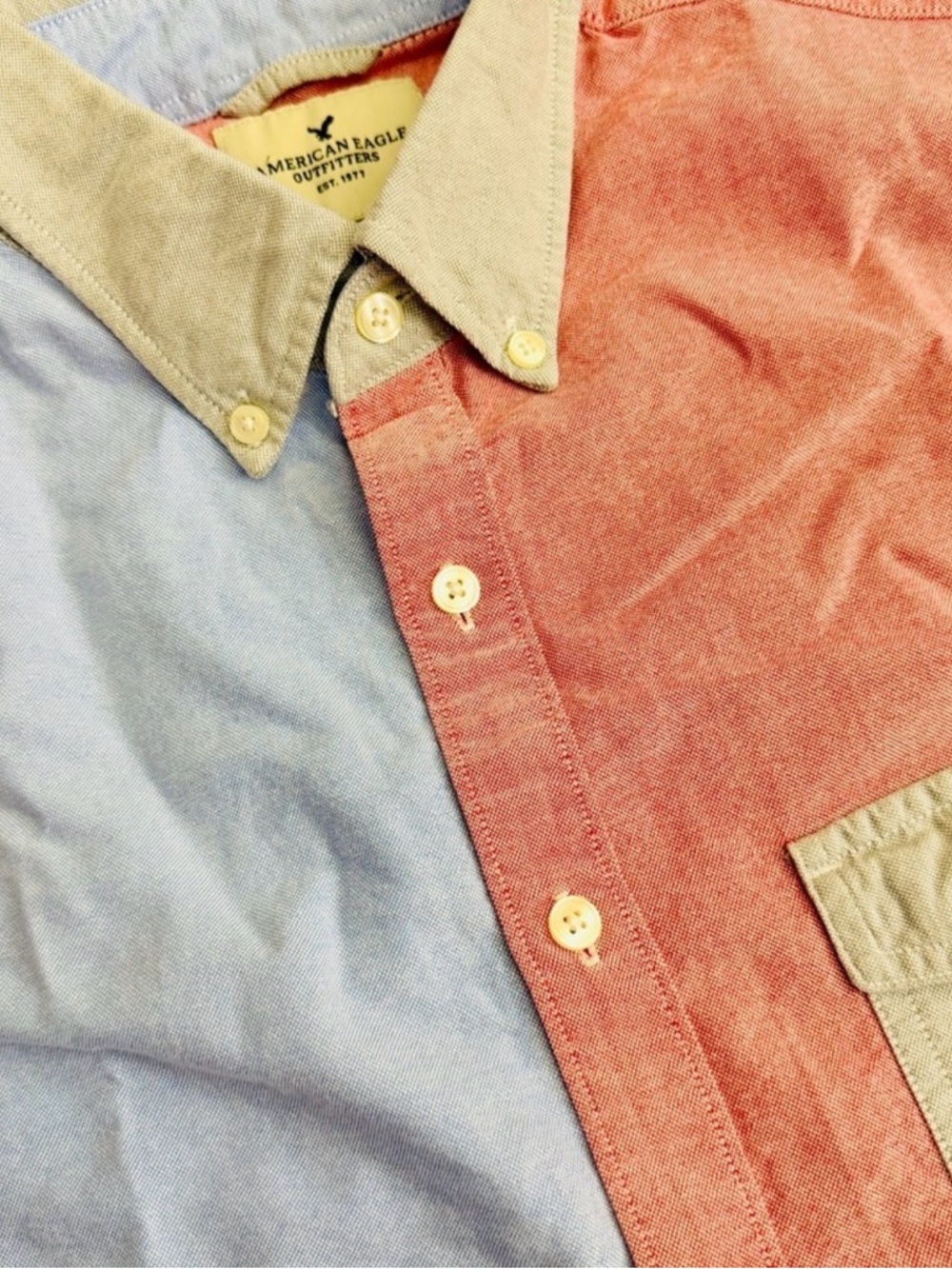American Eagle Outfitters Two-Tone Button-Up Shirt in Blue and Red